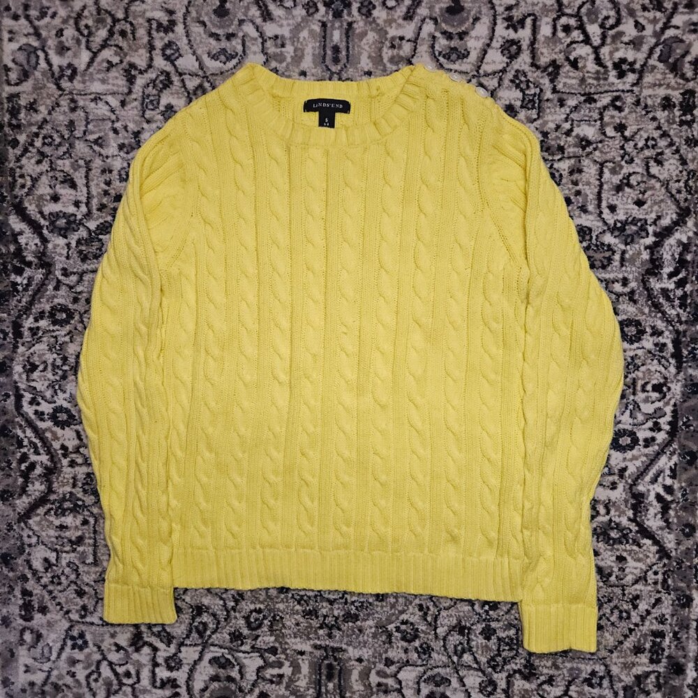 Lands End Cable Knit Cotton Sweater Yellow Womens S Preppy Casual Classic